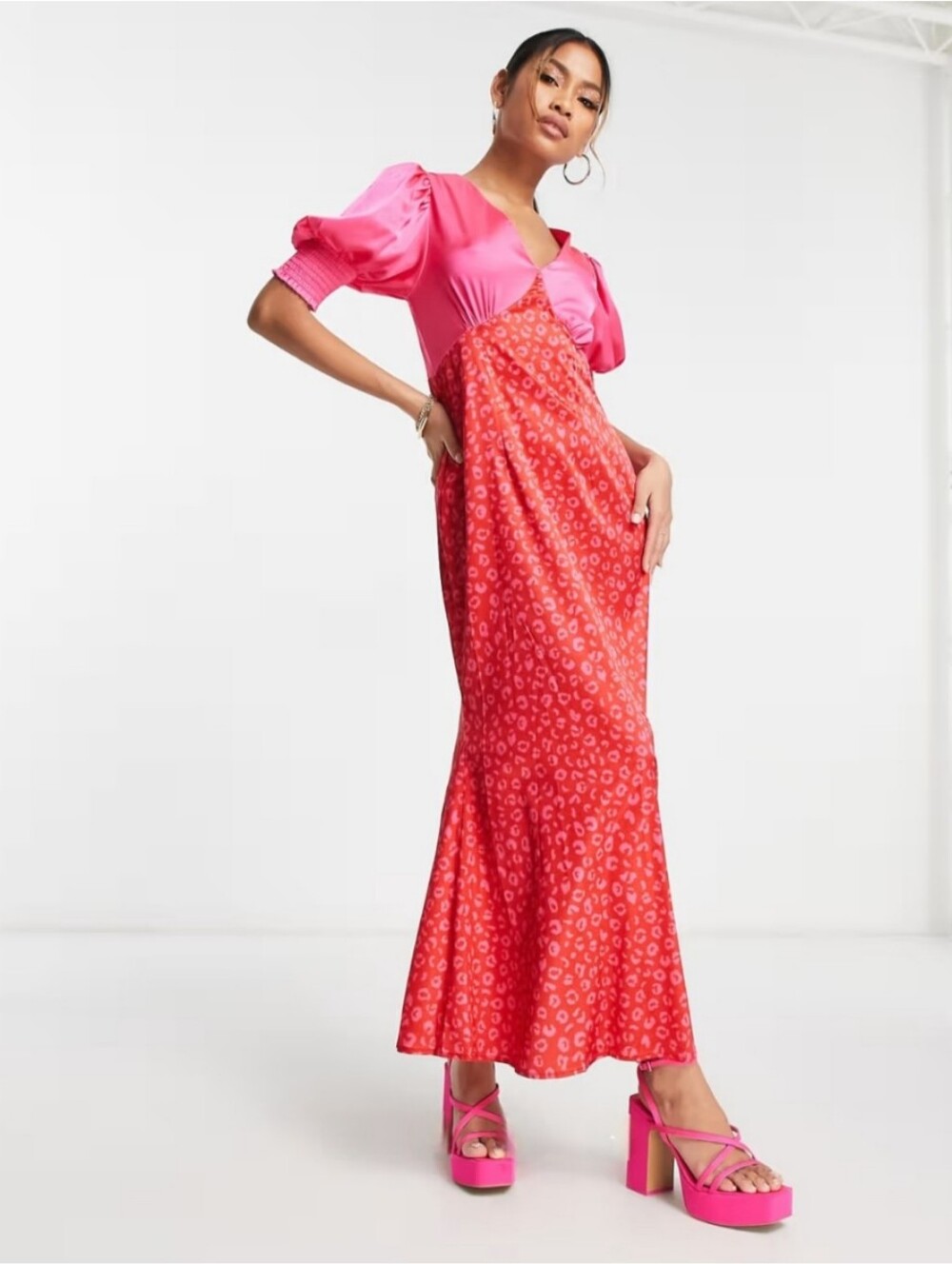 Never Fully Dressed May Puff Sleeve Contrast Maxi Dress Red And Pink Nwot